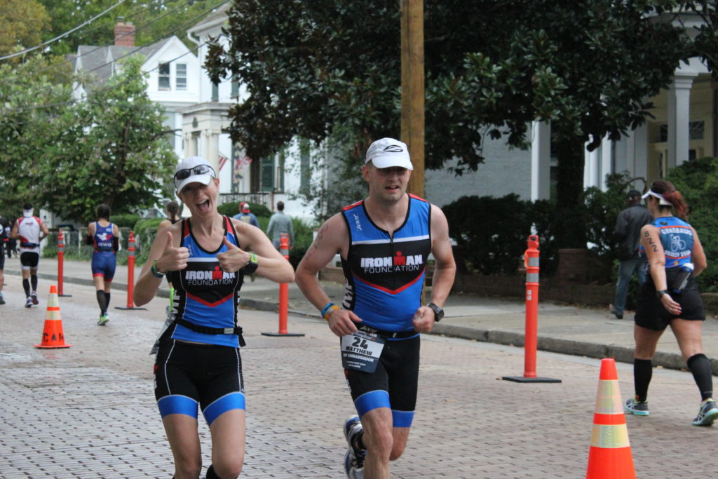 Alicia & Matt are on the run course together, supporting eachother and enjoying the spectators!