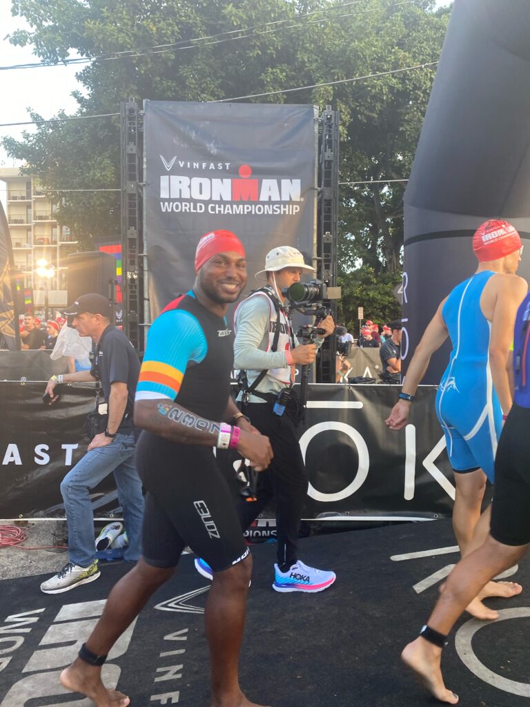 Marcus Fitts prepares to enter the water to start  the 2022 IRONMAN World Championship on October 8, 2022 in Kailua-Kona, HI. 